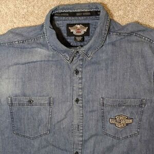 Distressed Harley Davidson Mens Denim Button Up Shirt V Twin Power 2XL